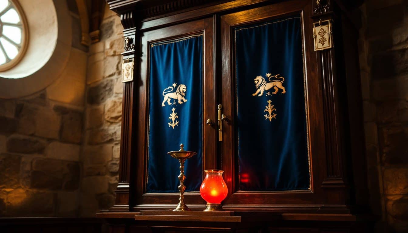 Arche sainte d'une synagogue : armoire de bois sculpté aux panneaux de velours bleu brodés de lions dorés, avec une lampe perpétuelle rouge allumée devant