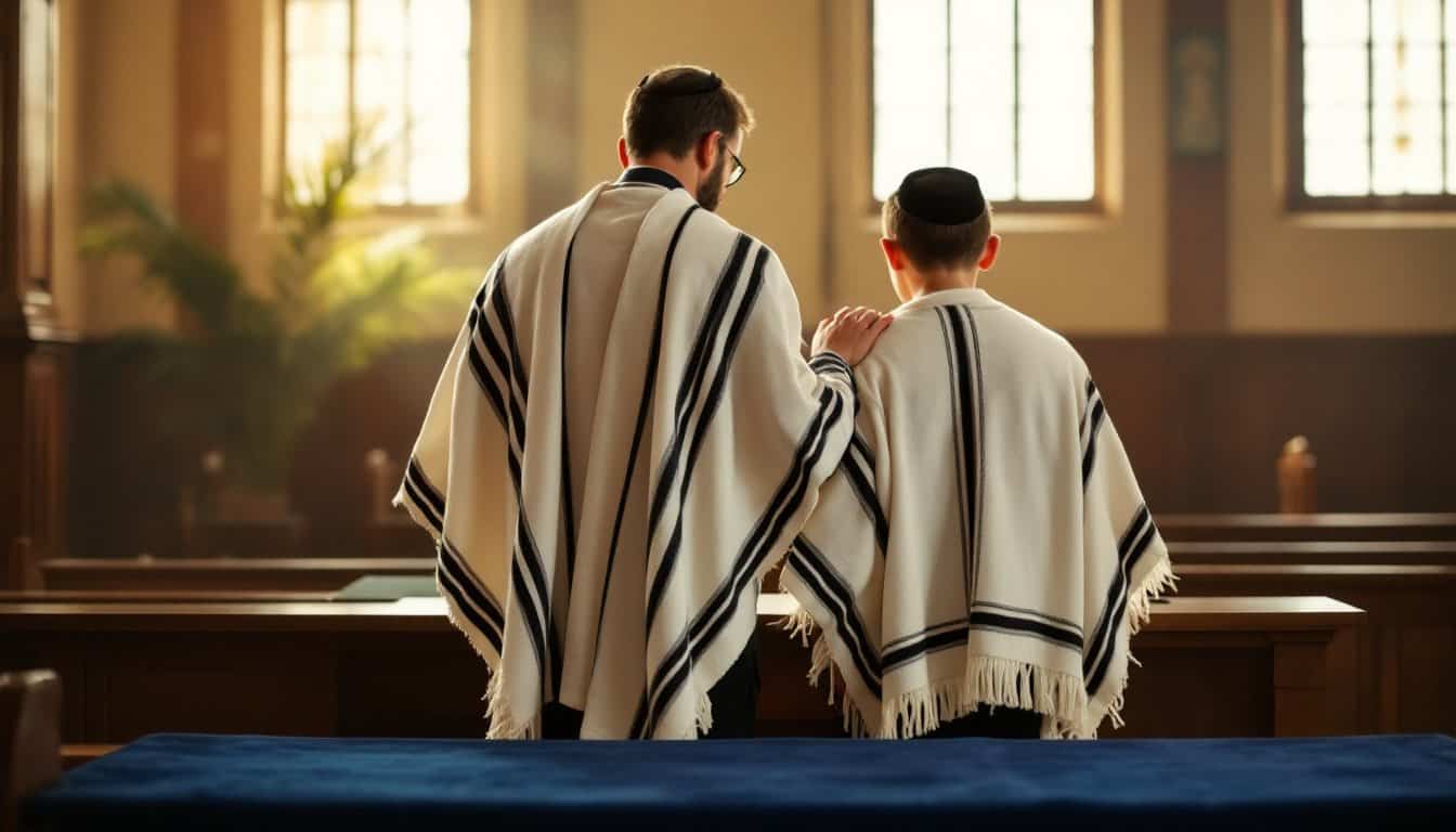 Dans une synagogue baignée de lumière, un père vu de dos pose la main sur l’épaule de son fils ; tous deux portent un talit blanc à rayures noires
