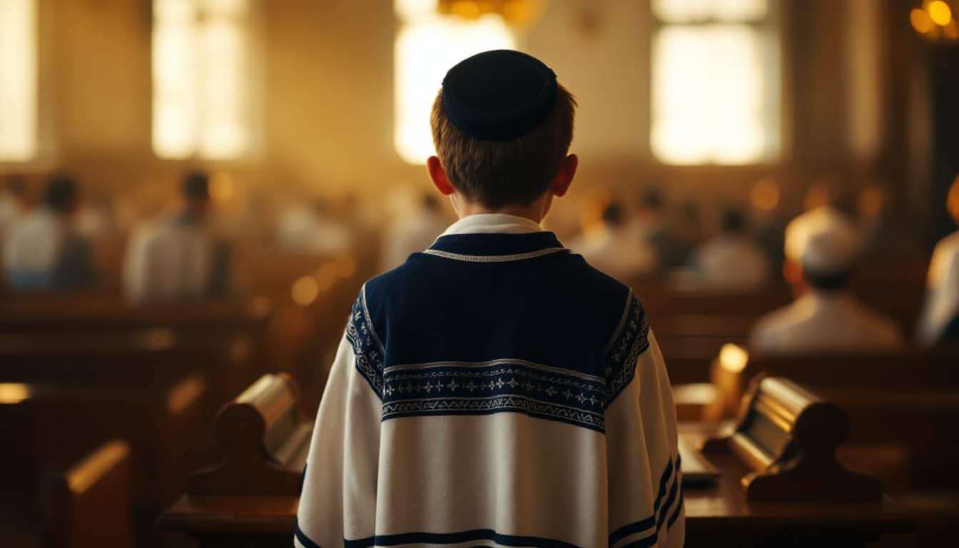 Un garçon de treize ans vu de dos, coiffé d’une kippa et couvert d’un talit blanc et bleu, debout devant le pupitre de lecture d’une synagogue baignée de lumière dorée