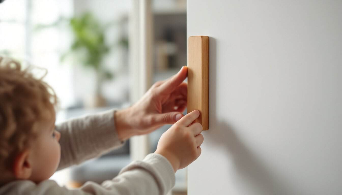 La main d’un parent et celle d’un jeune enfant touchant ensemble une mezouza en bois fixée au montant d’une porte