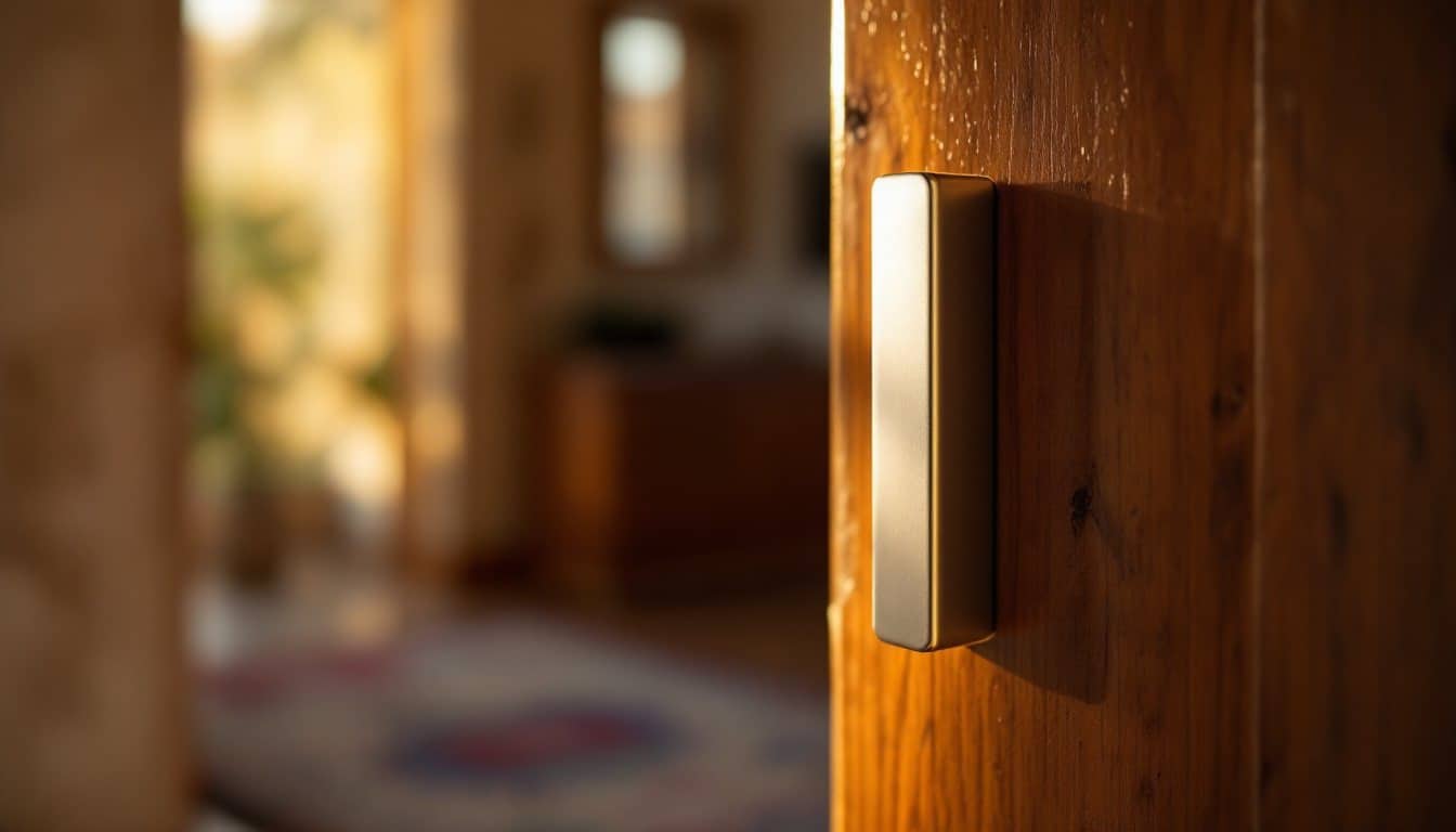 Une mezouza dans un étui métallique fixée sur le montant en bois d’une porte d’entrée ouverte, dans la lumière dorée du soir