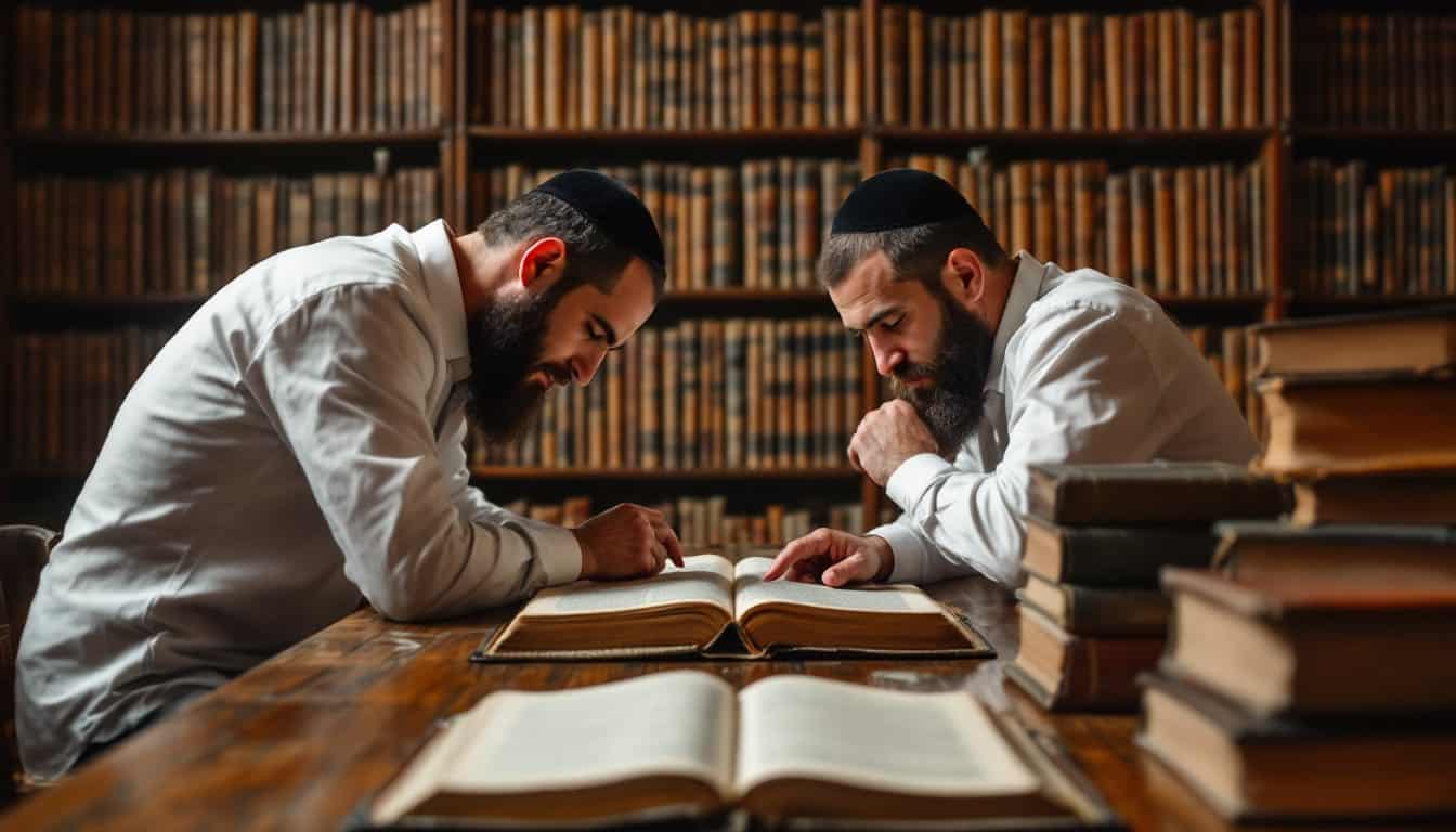 Deux hommes portant une kippa noire étudient ensemble, penchés sur de grands livres ouverts, devant des rayonnages de livres anciens dans une salle d’étude
