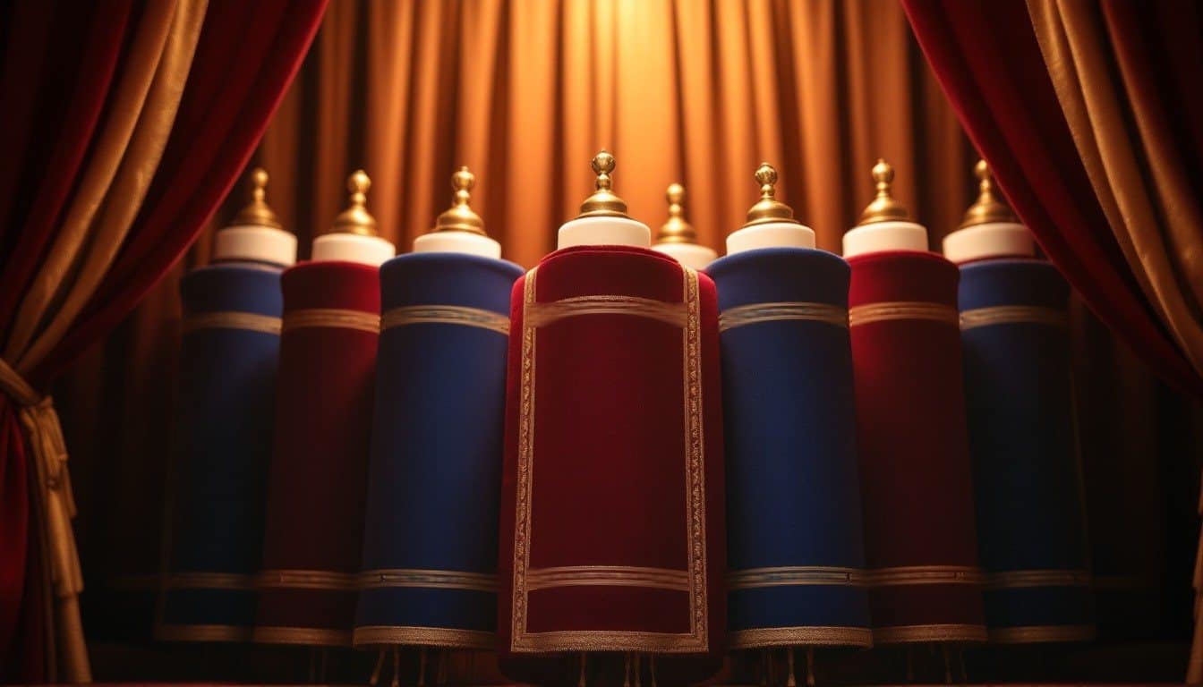 Des rouleaux de la Torah habillés de manteaux de velours bleu et bordeaux ornés de galons dorés, alignés devant un rideau de velours dans une synagogue