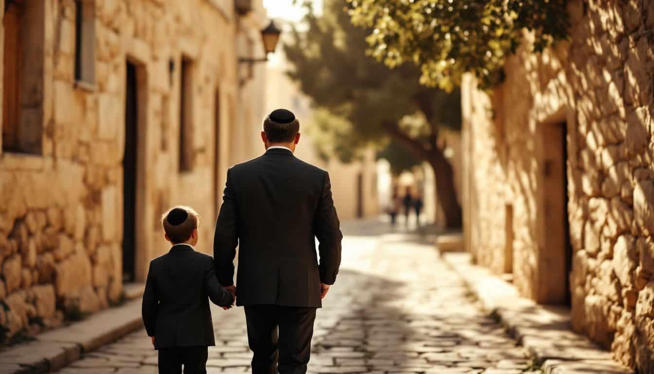 Un père et son fils, coiffés d’une kippa, marchant de dos dans une ruelle de pierre de Jérusalem un samedi matin