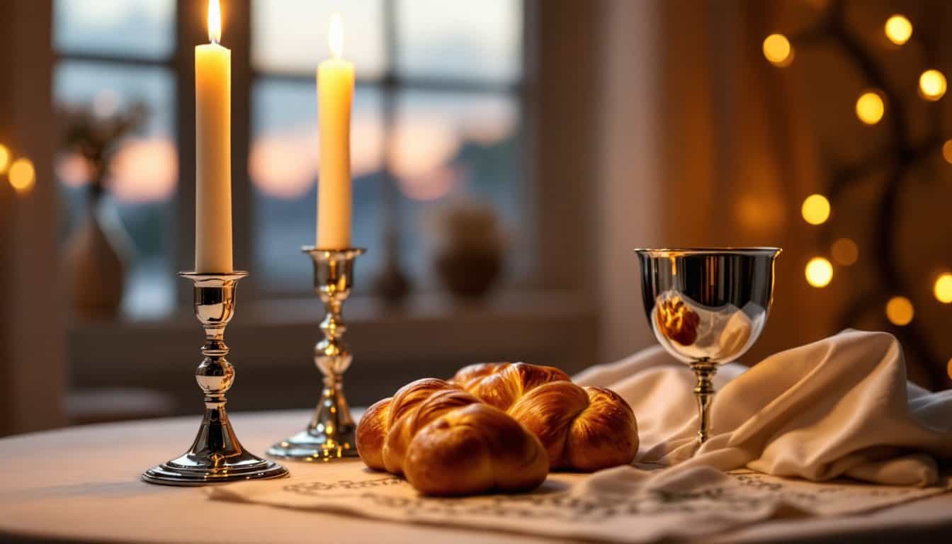 Table de Chabbat le vendredi soir avec deux bougies allumées, une halla et une coupe de Kiddouch en argent