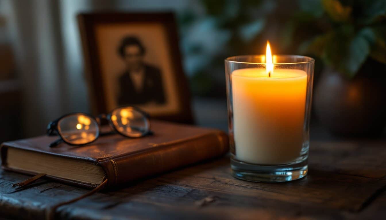 Une bougie commémorative allumée dans un verre, à côté d’un livre de prières en cuir, d’une paire de lunettes et d’une photo de famille ancienne
