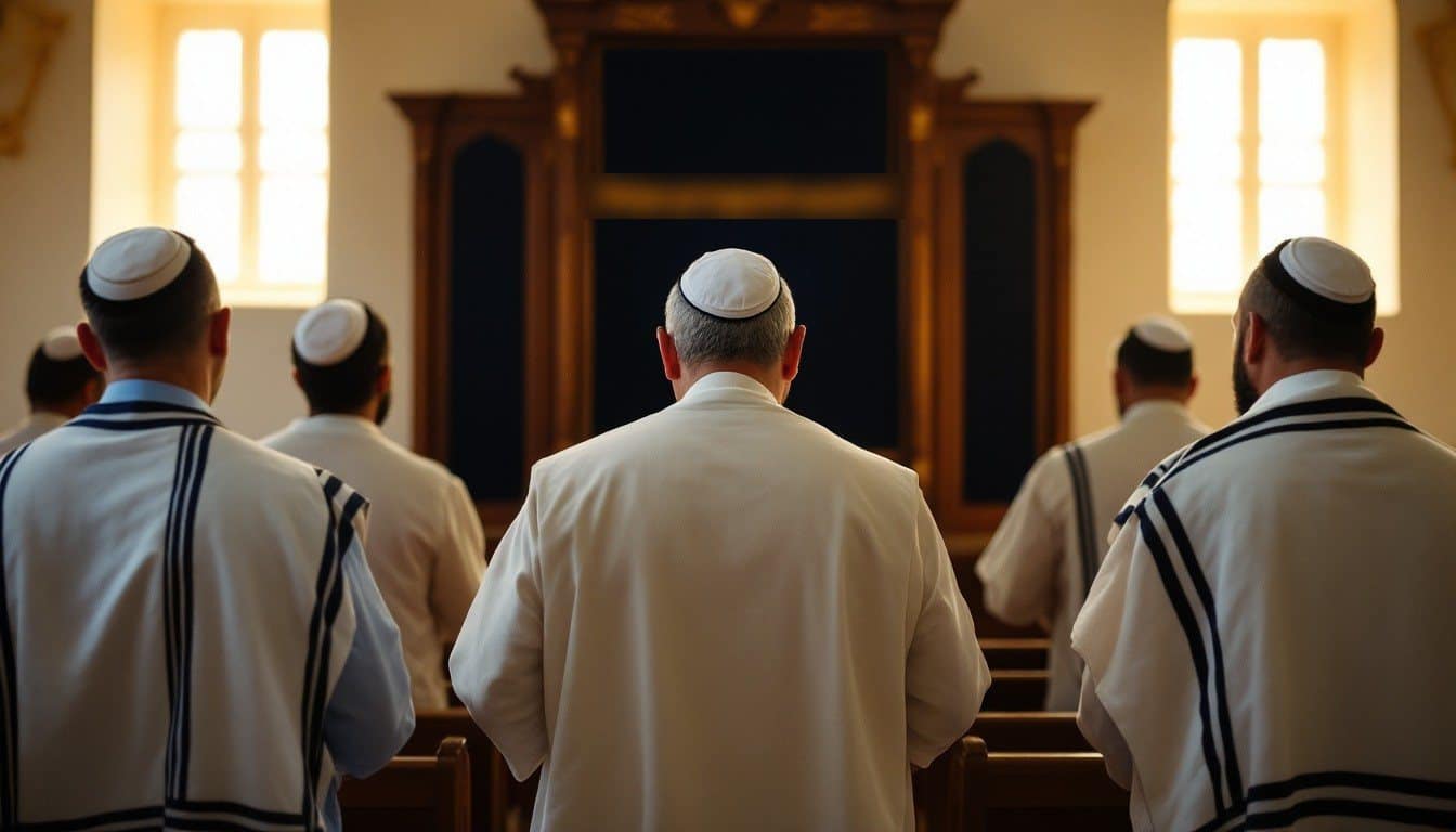 Des hommes coiffés de kippot et enveloppés de châles de prière blancs à rayures noires, vus de dos, priant devant l’arche sainte d’une synagogue