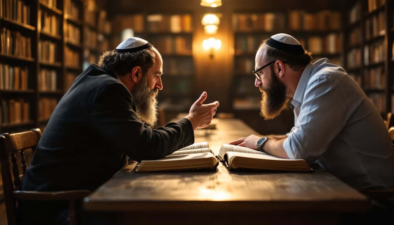 Deux hommes portant la kippa étudient ensemble en havrouta, penchés sur de grands livres ouverts à une longue table dans une salle d’étude bordée de bibliothèques