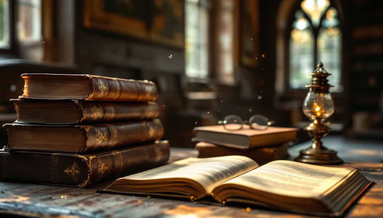 Une pile de grands volumes anciens reliés de cuir et un livre ouvert sur une table d’étude en bois, éclairés par une lumière dorée, à côté d’une lampe en laiton et d’une paire de lunettes