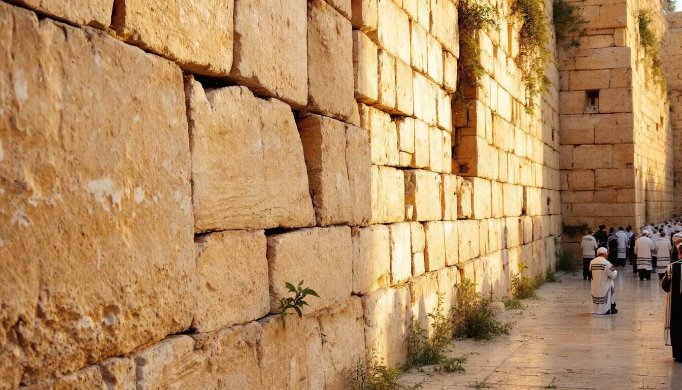 Le mur Occidental à Jérusalem au petit matin, avec des hommes enveloppés dans leur talit qui prient au pied des grandes pierres