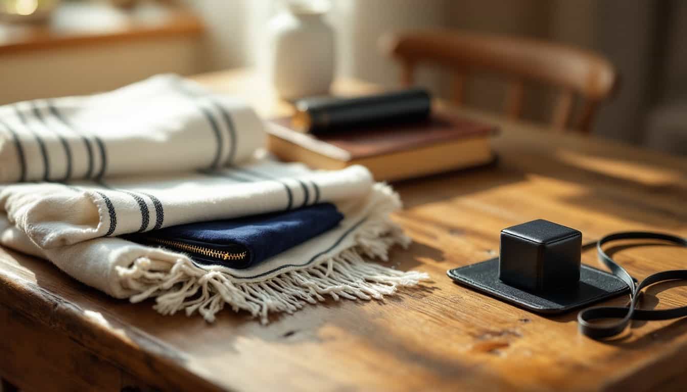 Une téfila de cuir noir, carrée, avec sa lanière, posée sur une table en bois près d’un talit plié, d’un étui de velours bleu et d’un livre de prières, dans la lumière du matin