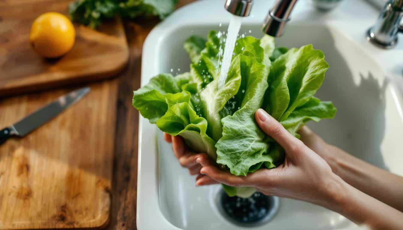 Des mains rincent des feuilles de laitue sous l’eau du robinet pour les vérifier avant de les cuisiner
