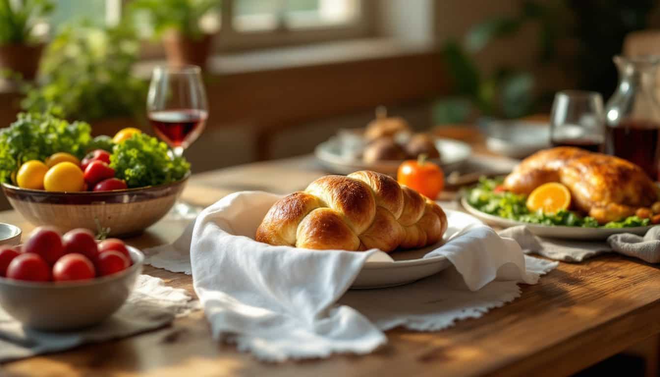 Table familiale préparée pour un repas : une hallah tressée sous une serviette blanche, un poulet rôti, des légumes frais et un verre de vin rouge dans la lumière du matin