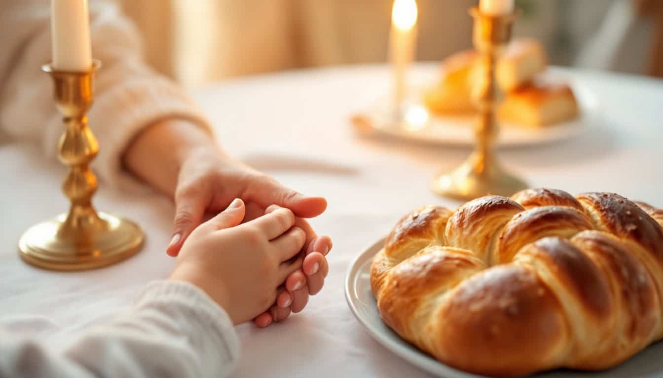 La main d'une mère tenant la petite main de son enfant sur une table de Chabbat, près de chandeliers en laiton allumés et d'une 'hala tressée