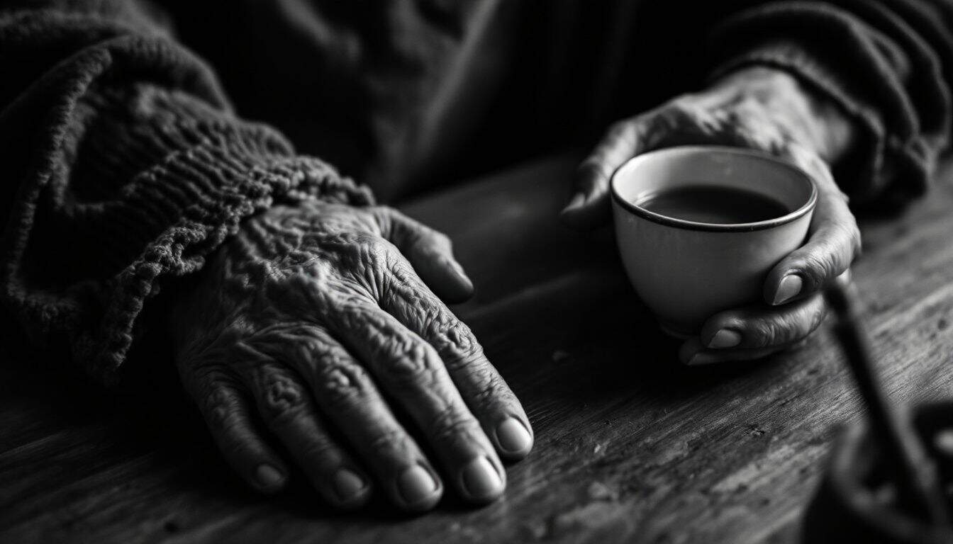 Mains âgées posées sur une table en bois, près d’une tasse de thé, dans une lumière douce en noir et blanc