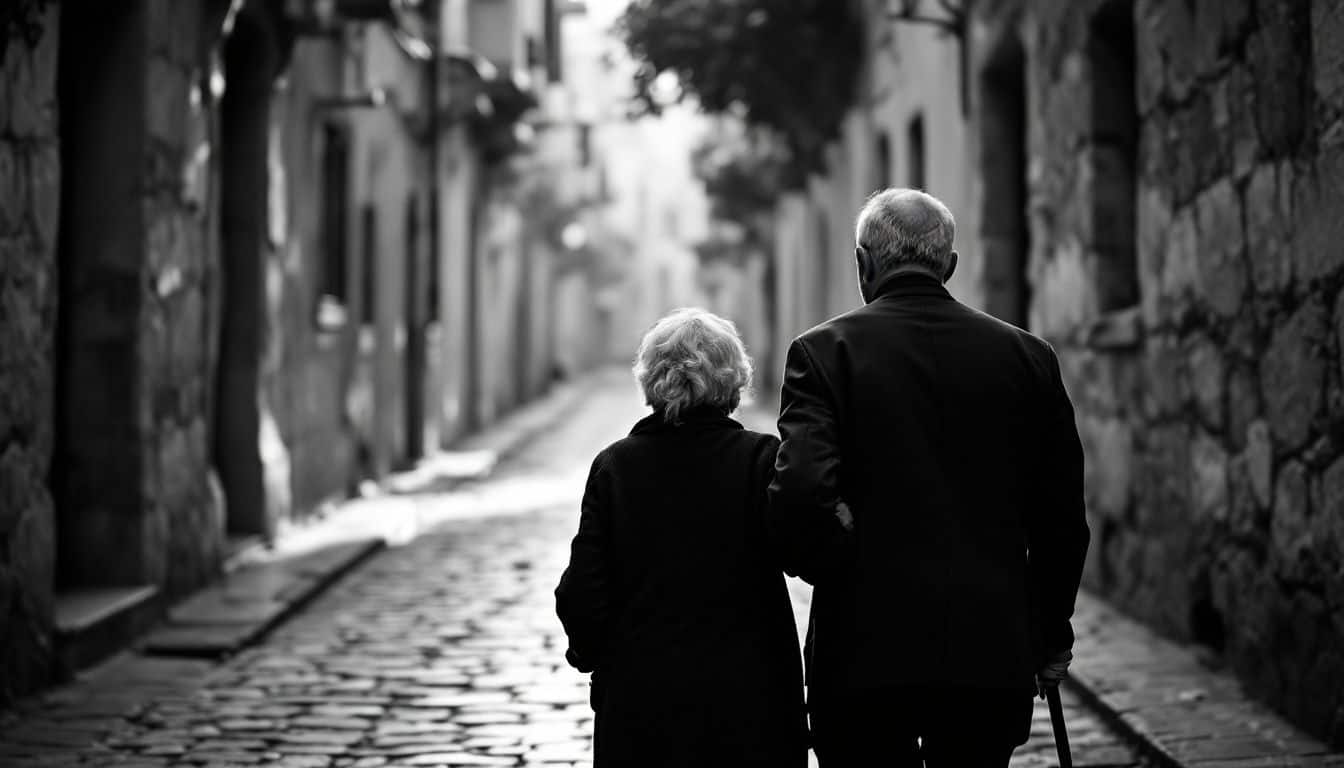 Deux personnes âgées vues de dos marchant côte à côte dans une ruelle pavée de pierre, en noir et blanc