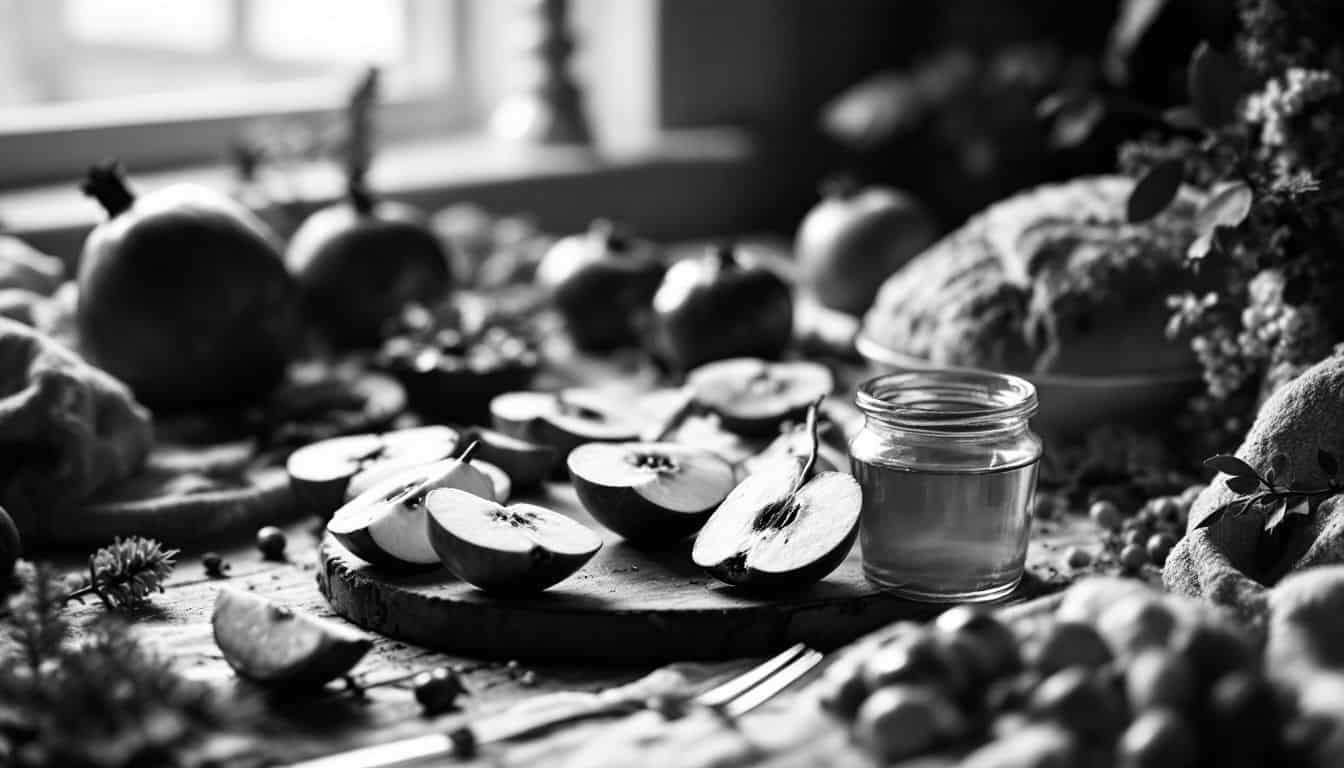 Pommes et pot de miel sur une table de fête, éclairés par la lumière d’une fenêtre