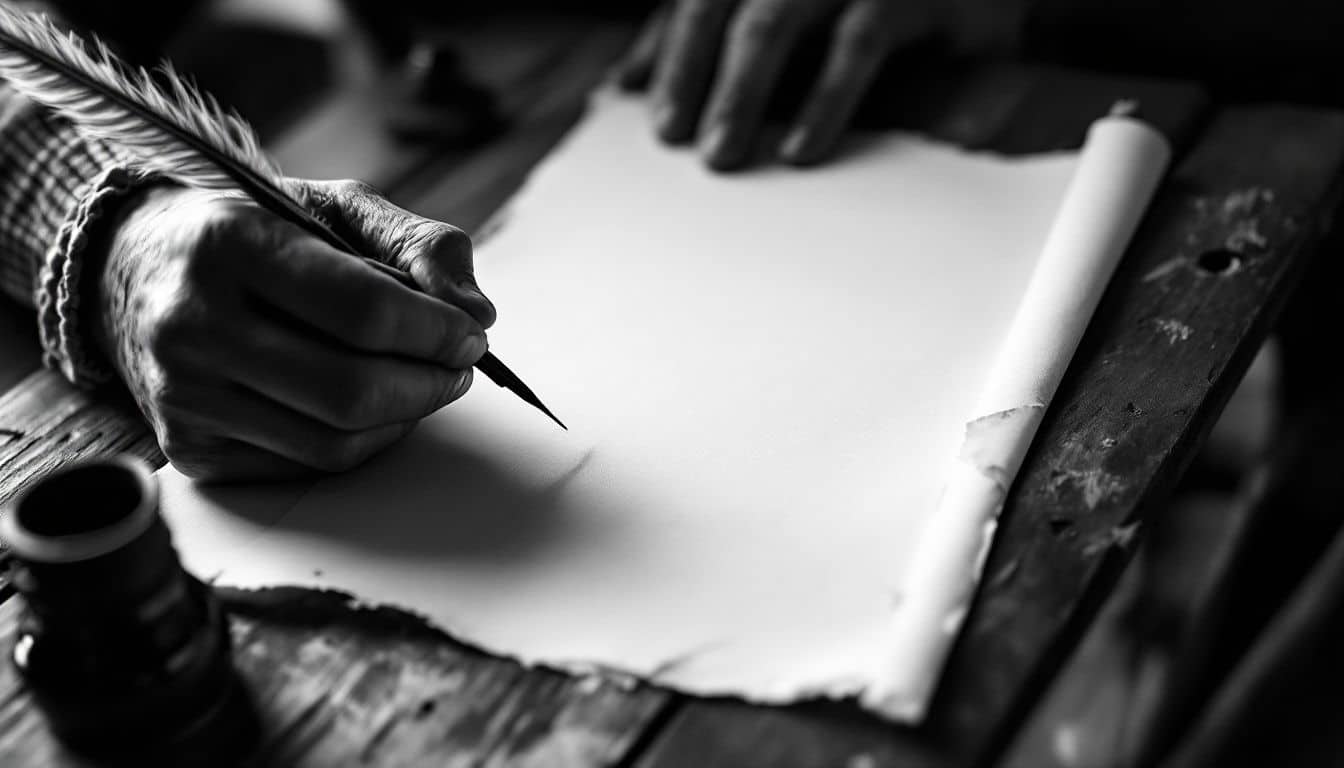 Mains d’un scribe tenant une plume au-dessus d’un parchemin vierge réglé, sur un pupitre incliné, avec un petit encrier
