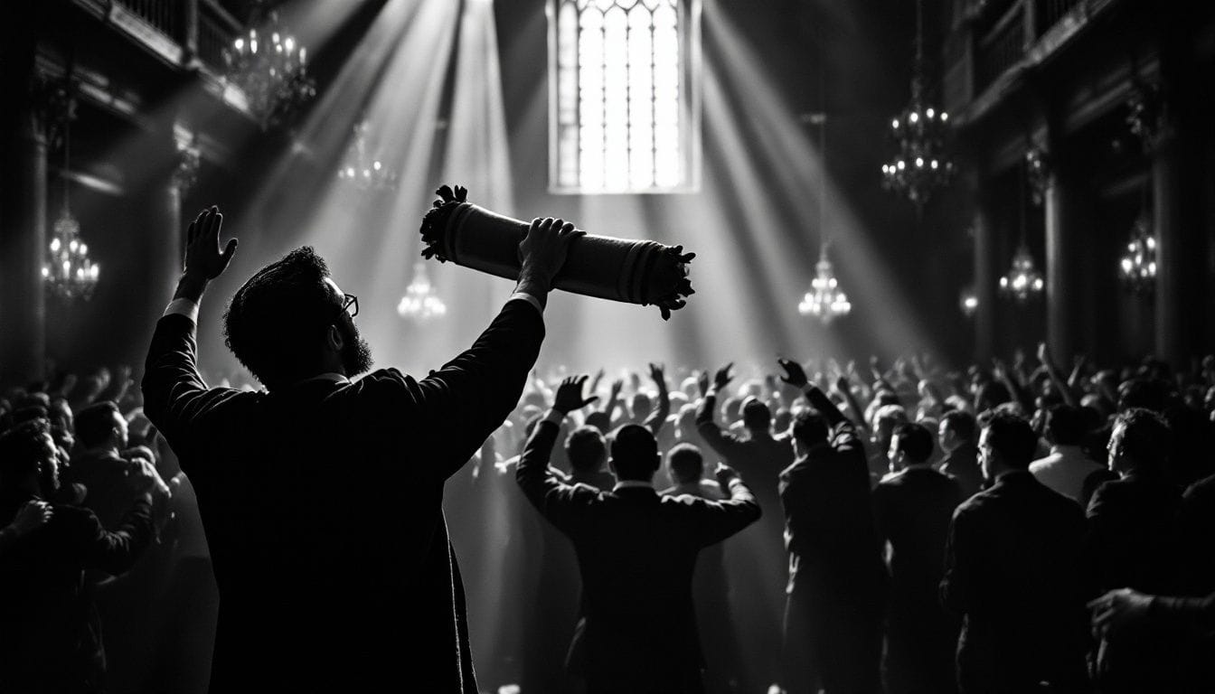 Foule joyeuse dansant dans une synagogue, bras levés dans des rayons de lumière, un homme tenant un rouleau de la Torah au-dessus de lui