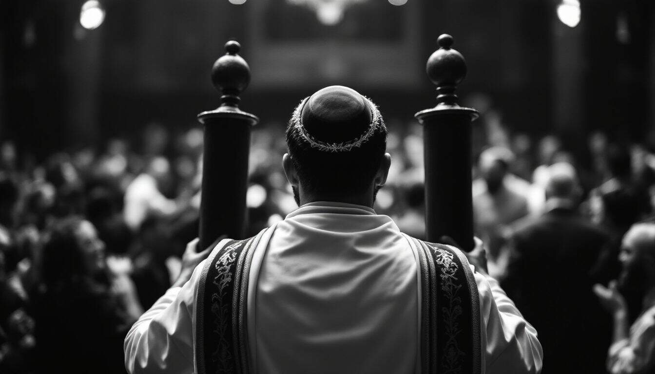 Homme vu de dos tenant debout dans ses bras un rouleau de la Torah, ses deux bâtons de bois visibles, devant une foule floue en train de danser