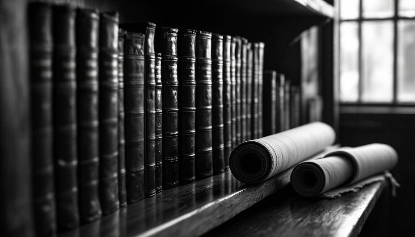 Rangée de livres anciens reliés de cuir et deux rouleaux de parchemin posés sur une étagère de bois, près d’une fenêtre