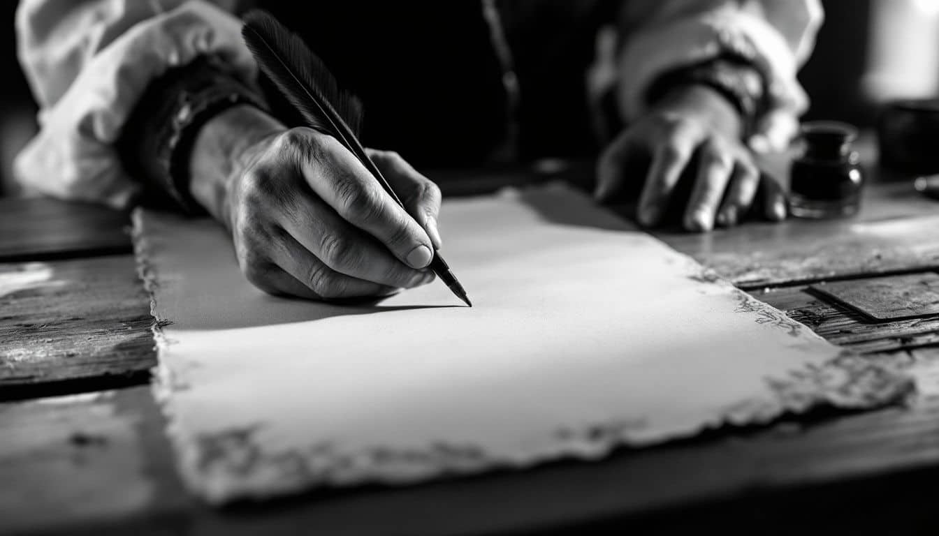 Mains d’un scribe tenant une plume au-dessus d’une feuille de parchemin vierge, encrier posé à côté, lumière latérale