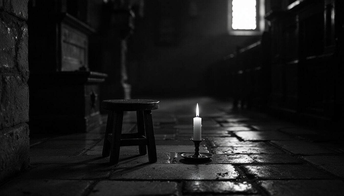 Une bougie allumée près d’un tabouret bas sur le sol de pierre d’une synagogue sombre, image de deuil de Tich’a Beav