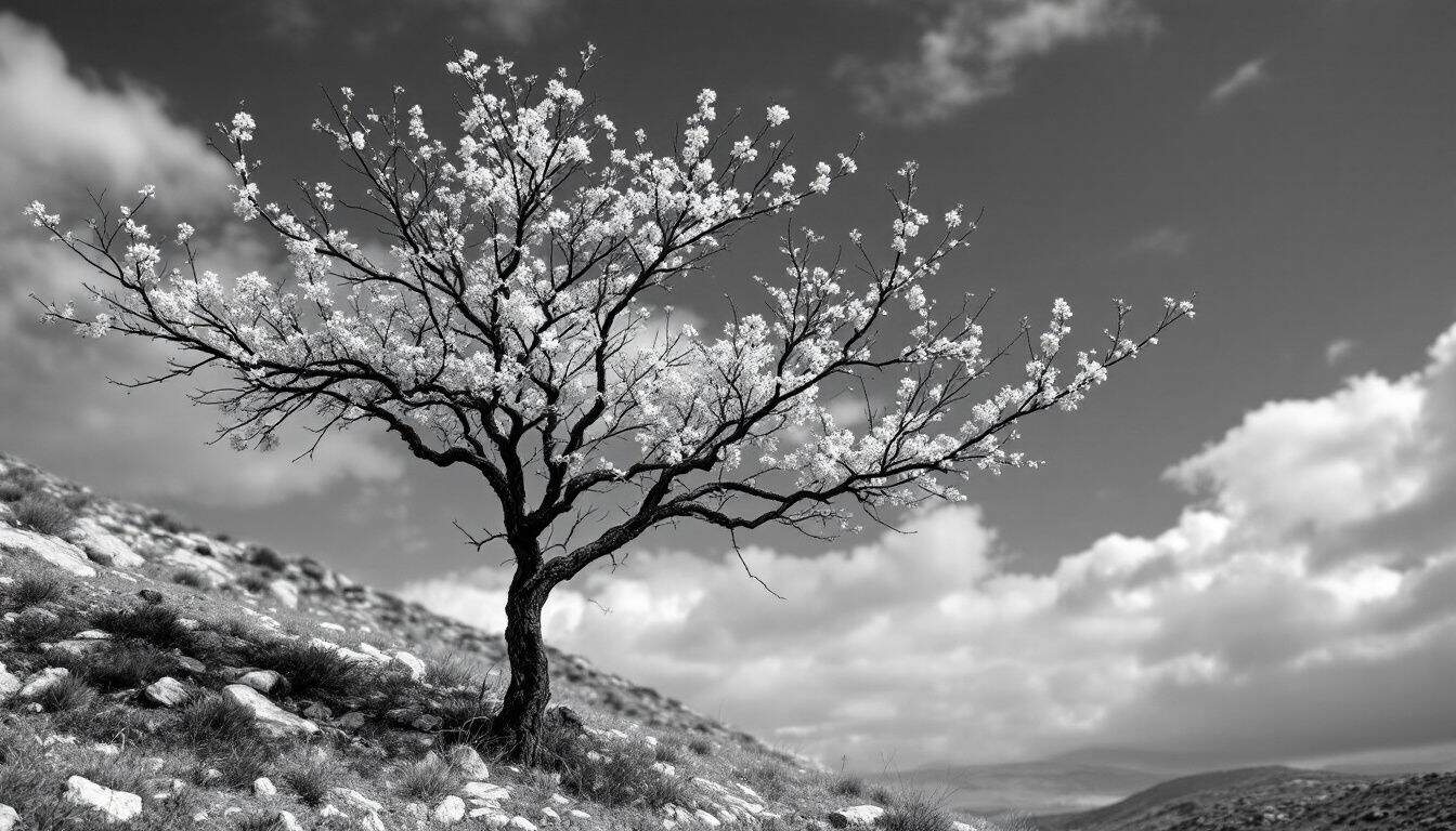 Amandier en fleurs sur une colline rocailleuse sous un ciel d’hiver, photographie en noir et blanc