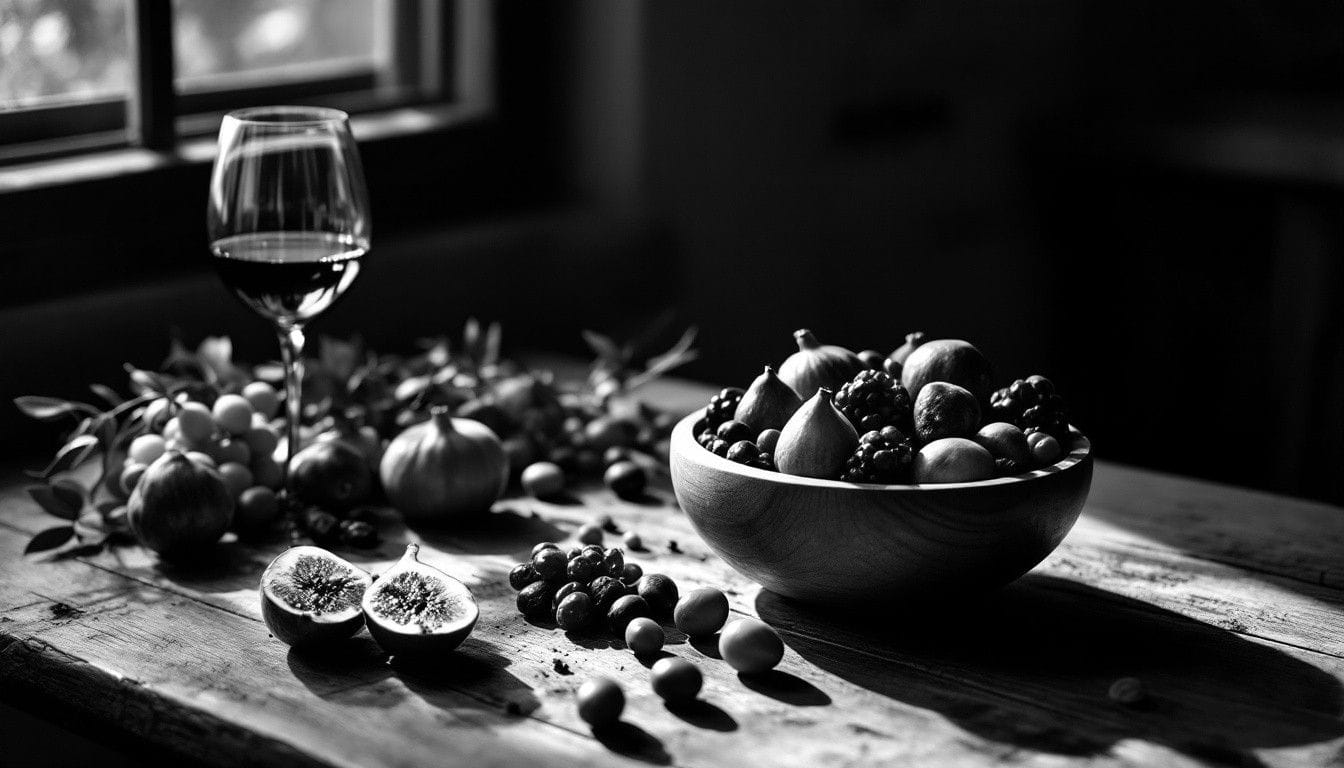 Table de bois avec un bol de figues, des raisins, des olives et un verre de vin dans la lumière d’une fenêtre