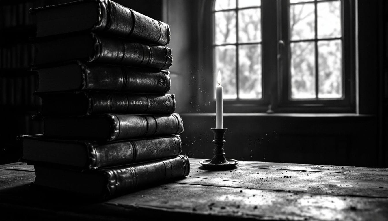 Pile de livres anciens reliés de cuir sur une table de bois, près d’une fenêtre en arc et d’une bougie allumée, en noir et blanc