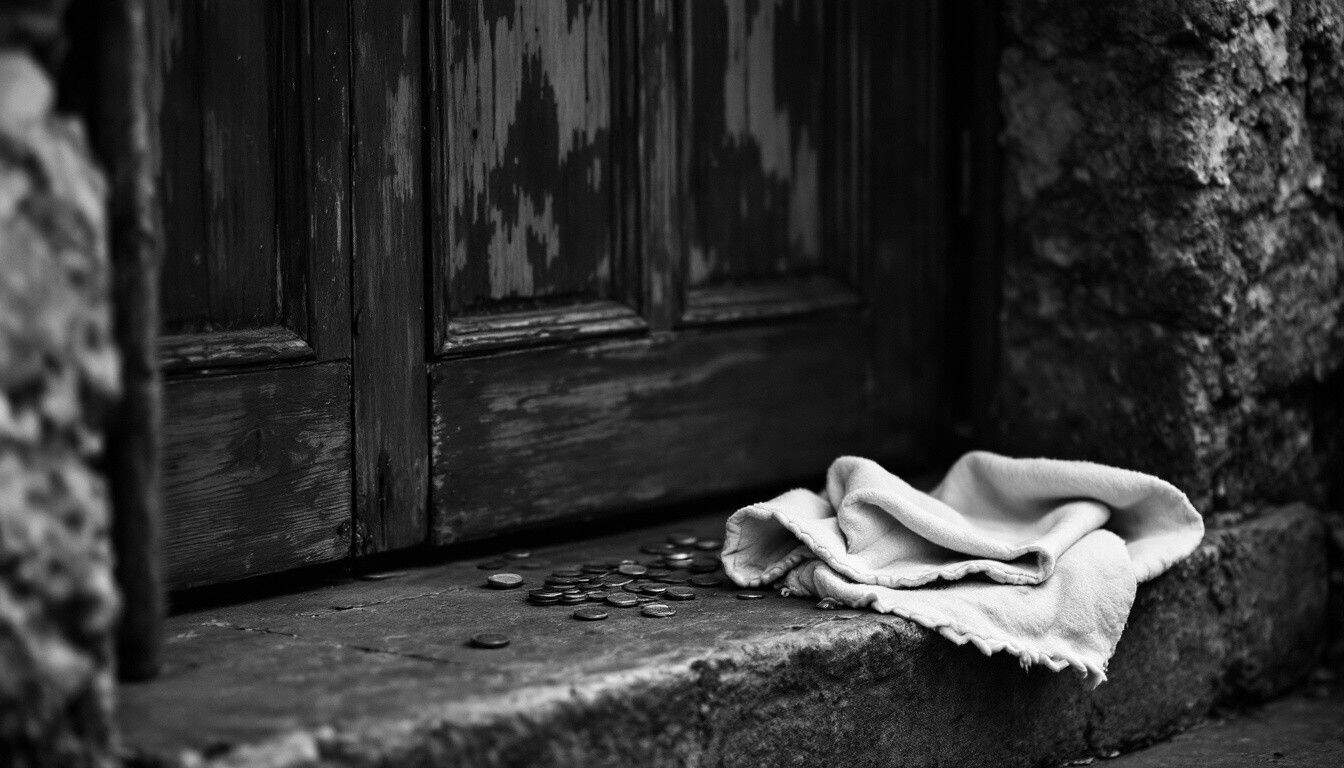 Quelques pièces et un linge plié déposés sur le seuil de pierre d’une vieille porte en bois, à l’aube