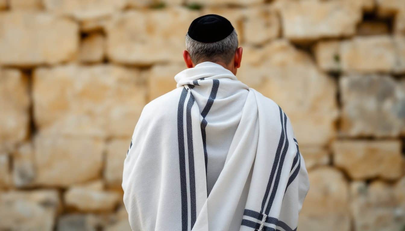 Un homme portant une kippa, vu de dos, enveloppé d’un tallit blanc à rayures noires devant les pierres du mur Occidental à Jérusalem