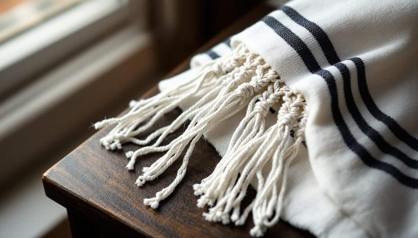Le coin d’un tallit blanc à rayures noires posé sur une table en bois près d’une fenêtre, d’où pendent des fils blancs noués
