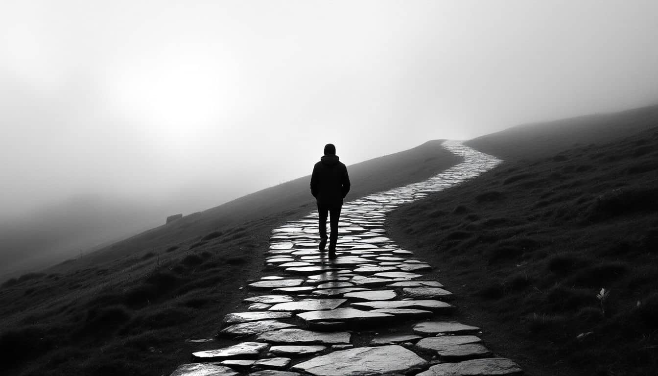 Silhouette de dos marchant sur un sentier de pierres dans la brume, à l’aube, en noir et blanc