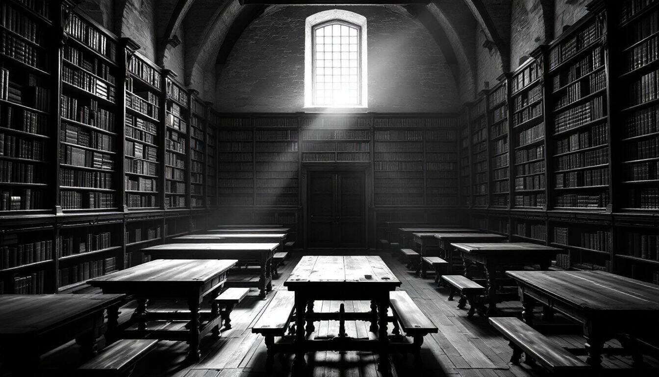 Salle d’étude ancienne aux bancs vides, aux hautes bibliothèques et à la lumière tombant d’une fenêtre, en noir et blanc